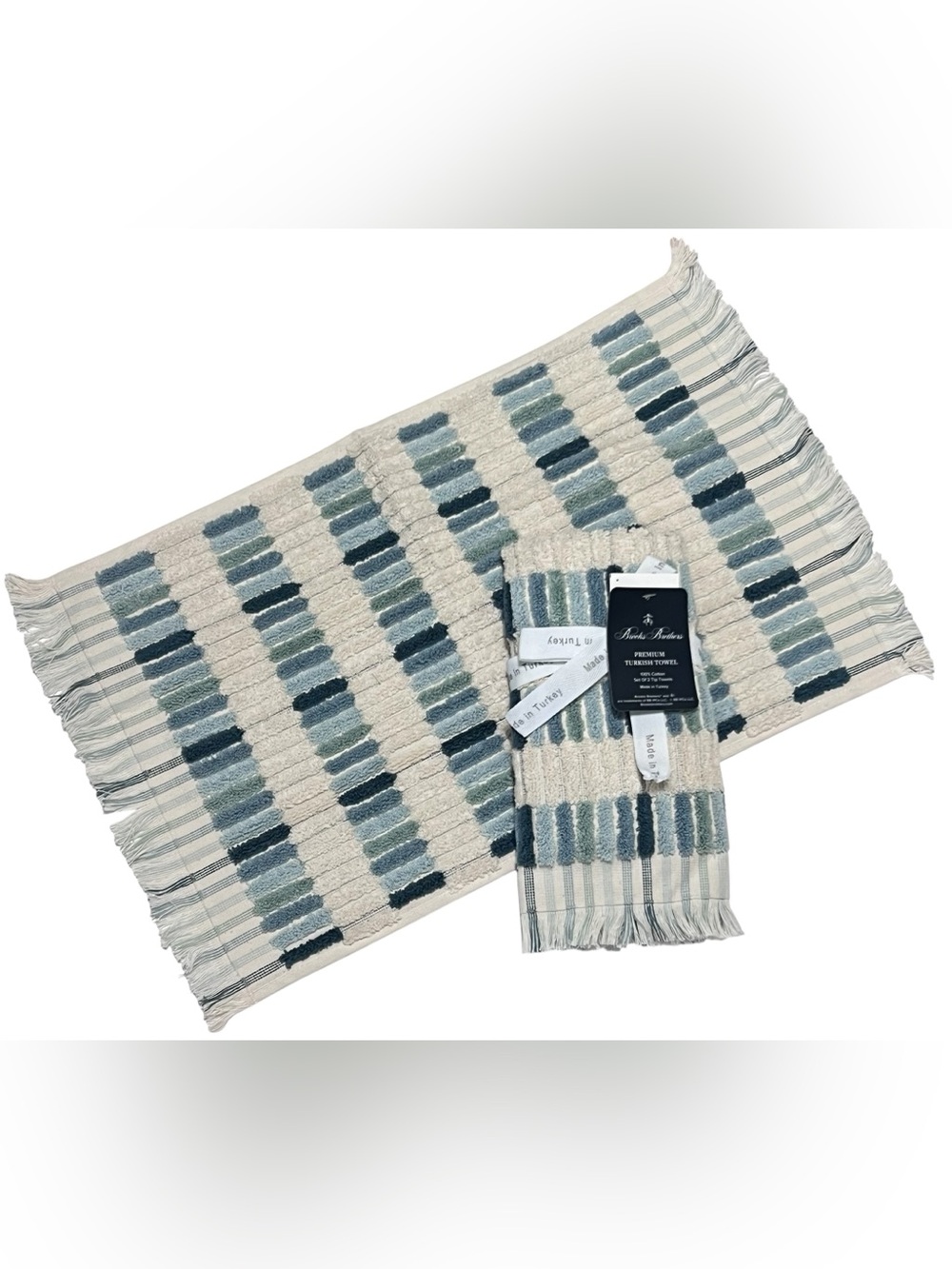 Brooks Brothers Premium Turkish Tip Towels Set of 2 Ocean Blue Tiles Fringe
